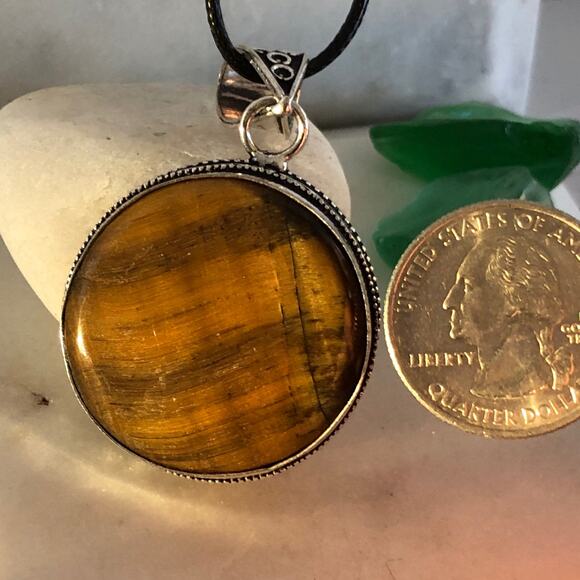 925 Sterling  Round Tiger Eye Pendant - Picture 3 of 6